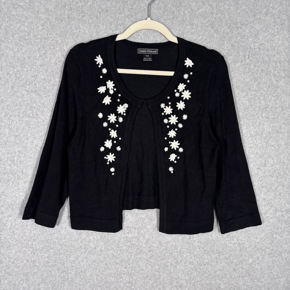 Jessica Howard Cardigan Sweater 14 Flowers Embellished Soft Cottage‎ Granny Twee
